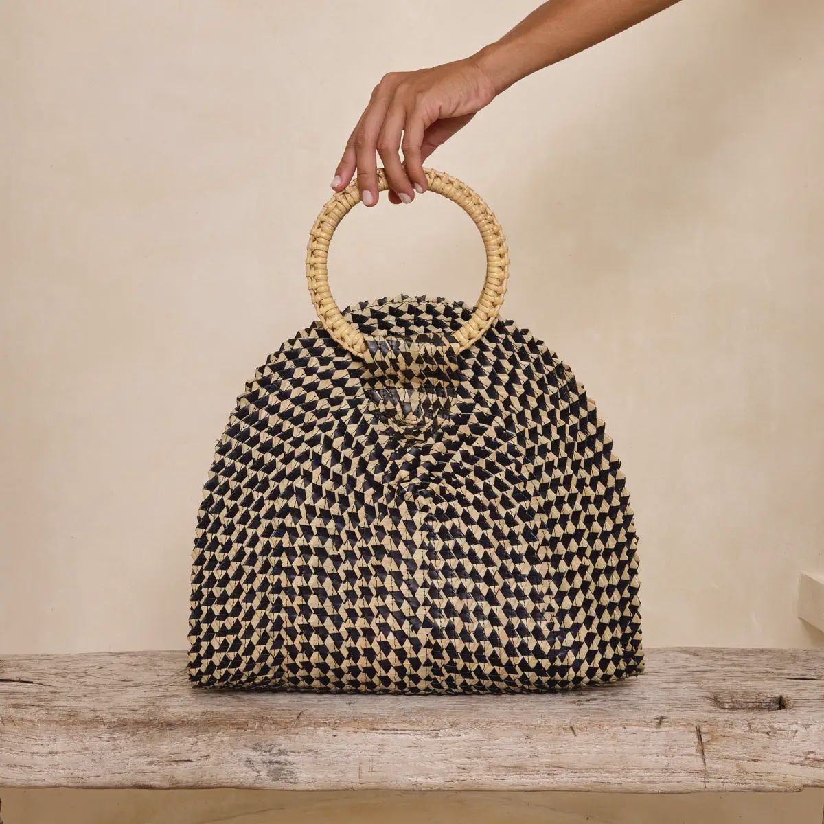 Fold Over Palm Leaf Hand Bag with Round Handle