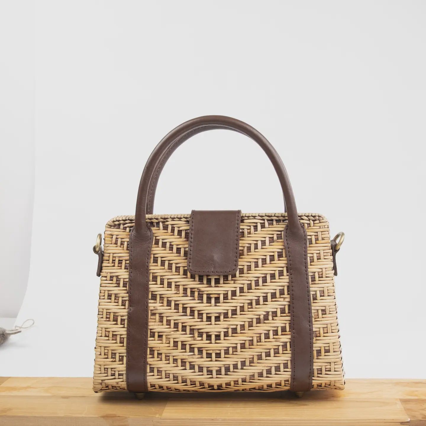 Medium Rattan Handbag with Leather Trim