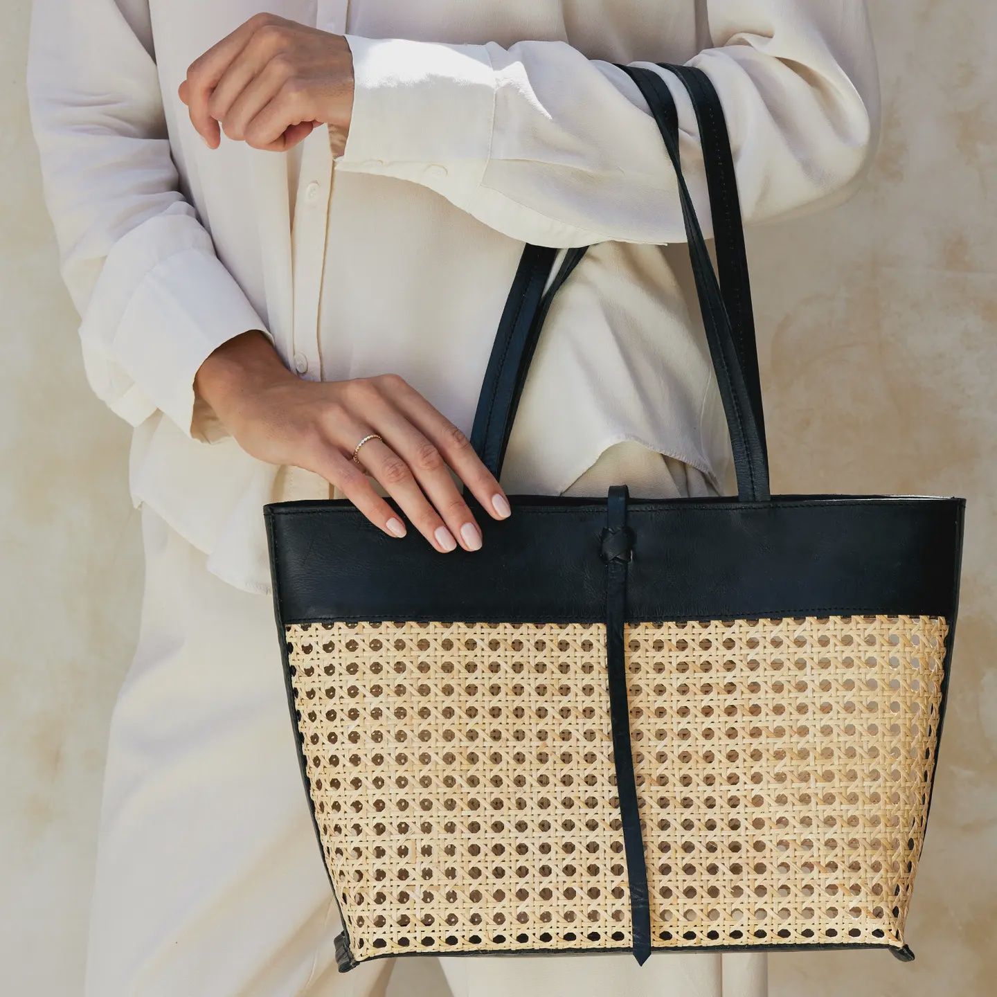 Medium Sized Rattan Cane Weave Tote Bag with Black Leather Trim