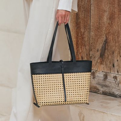 Medium Sized Rattan Cane Weave Tote Bag with Black Leather Trim