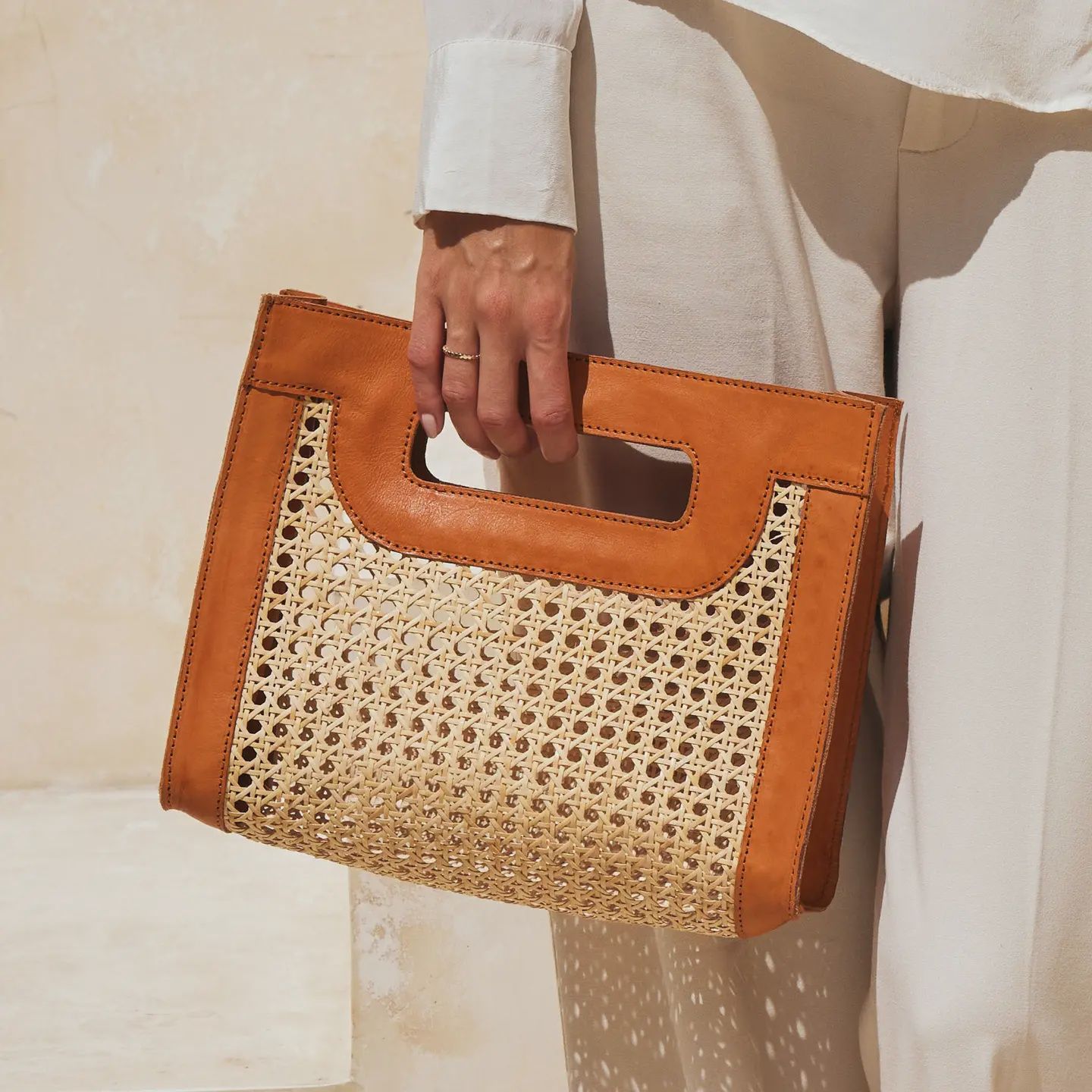 Rattan Cane Weave Handbag with Brown Leather Trim