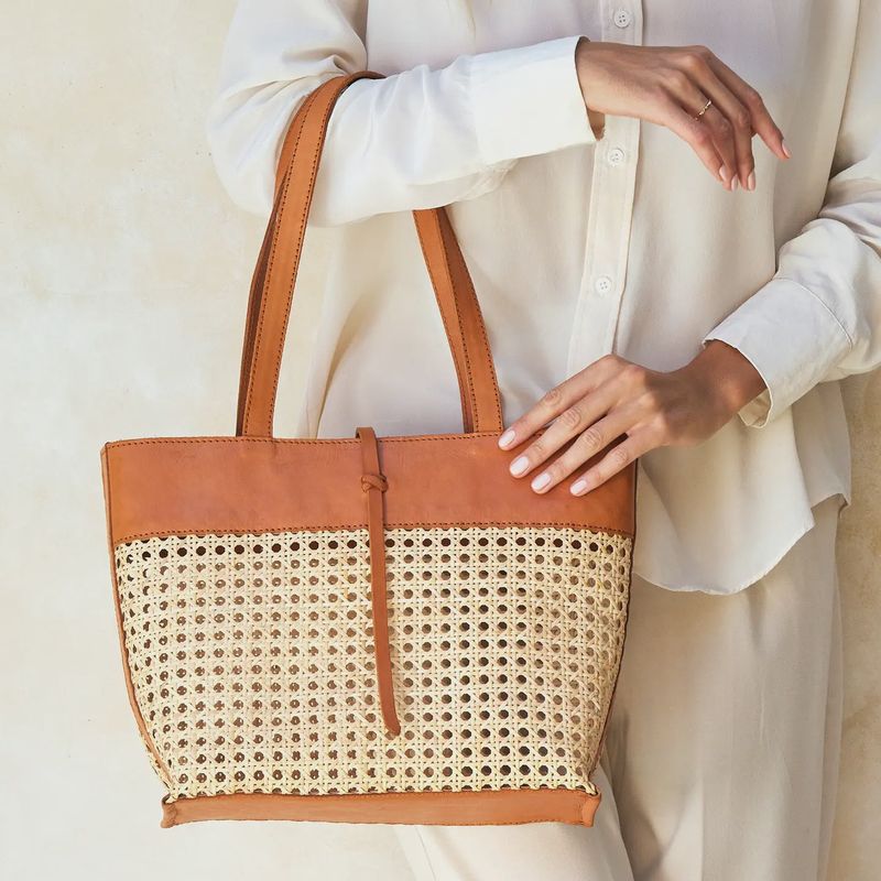 Medium Sized Rattan Cane Weave Tote Bag with Brown Leather Trim