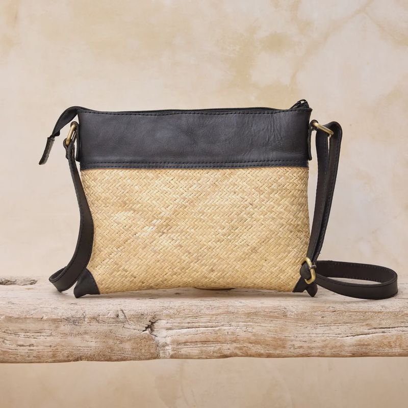 Rattan Crossbody Bag with Dark Leather Trim