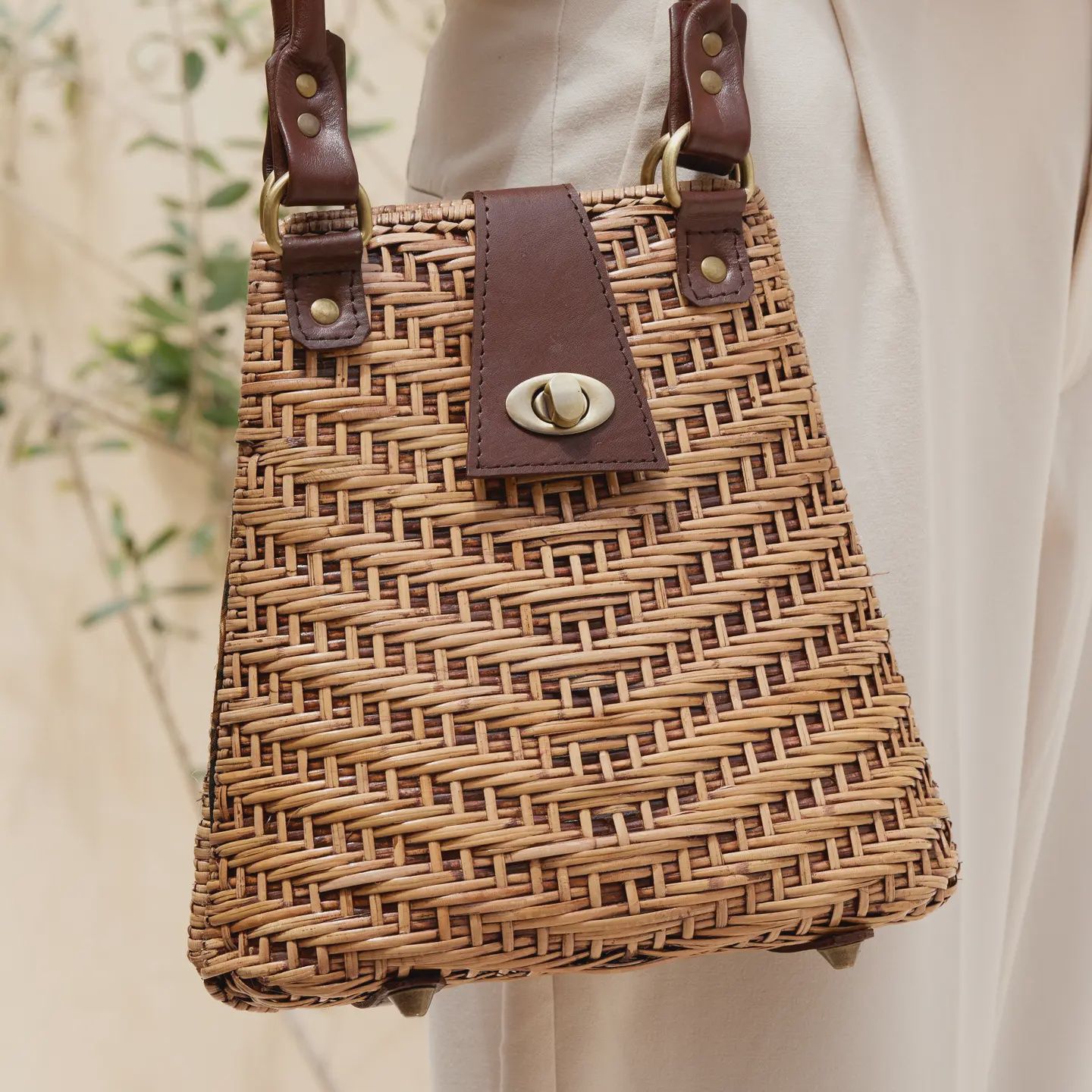 Rattan Handbag with Leather Elbow Strap