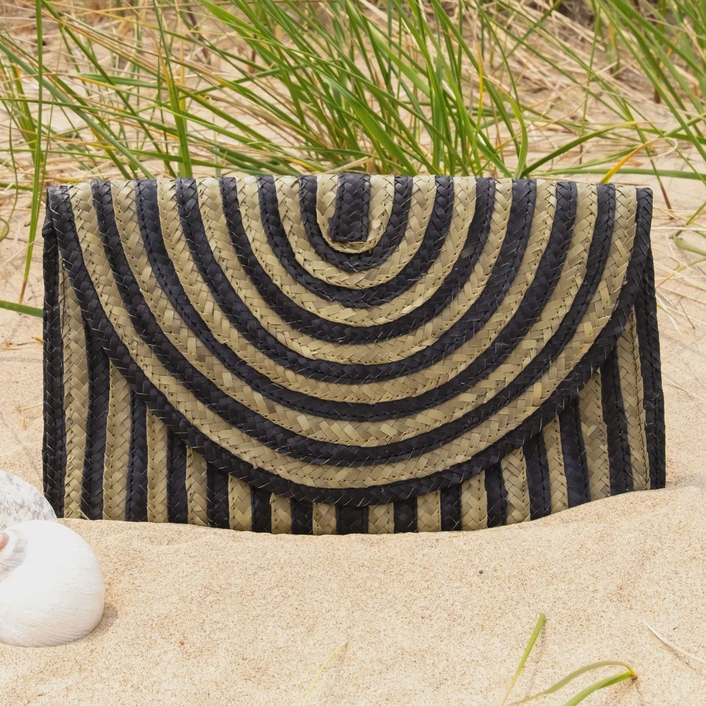 Straw Clutch In Black and Natural Stripe
