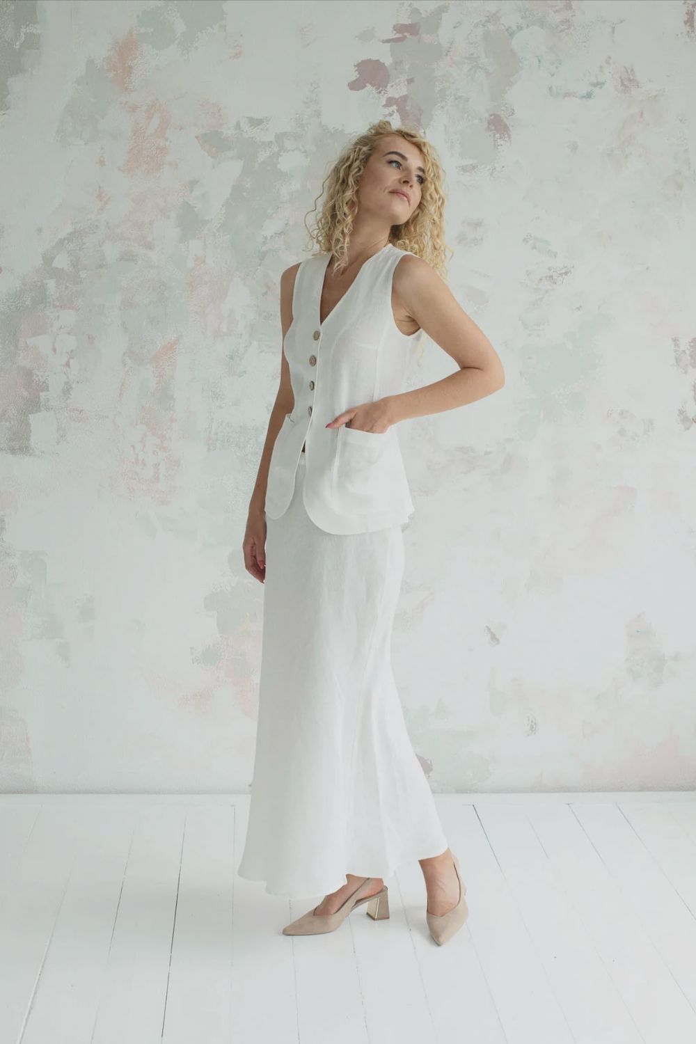 Linen Vest and Skirt Set Fiorella In White