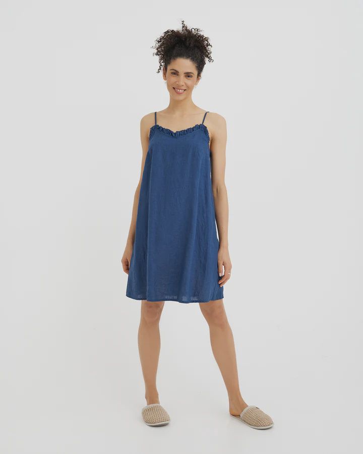 Linen Pajama Dress Harbour In Deep Navy Blue