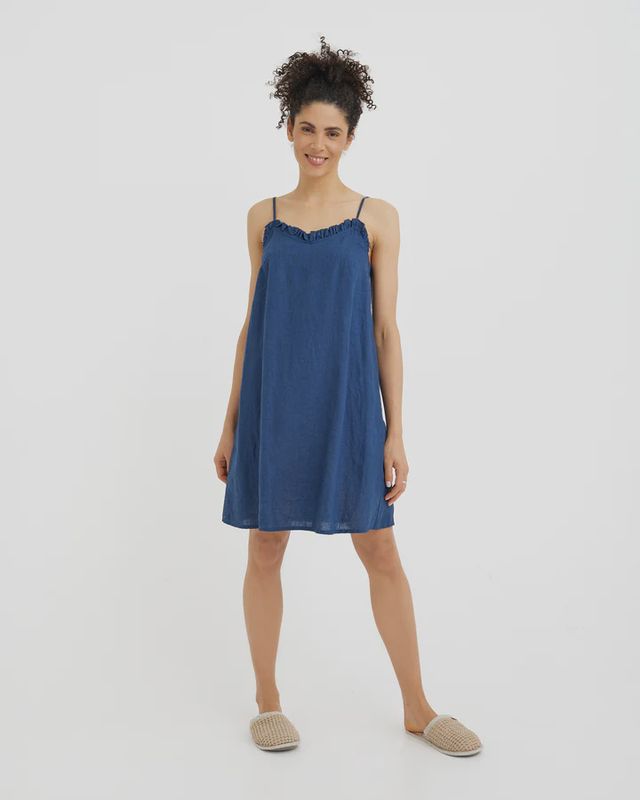 Linen Pajama Dress Harbour In Deep Navy Blue