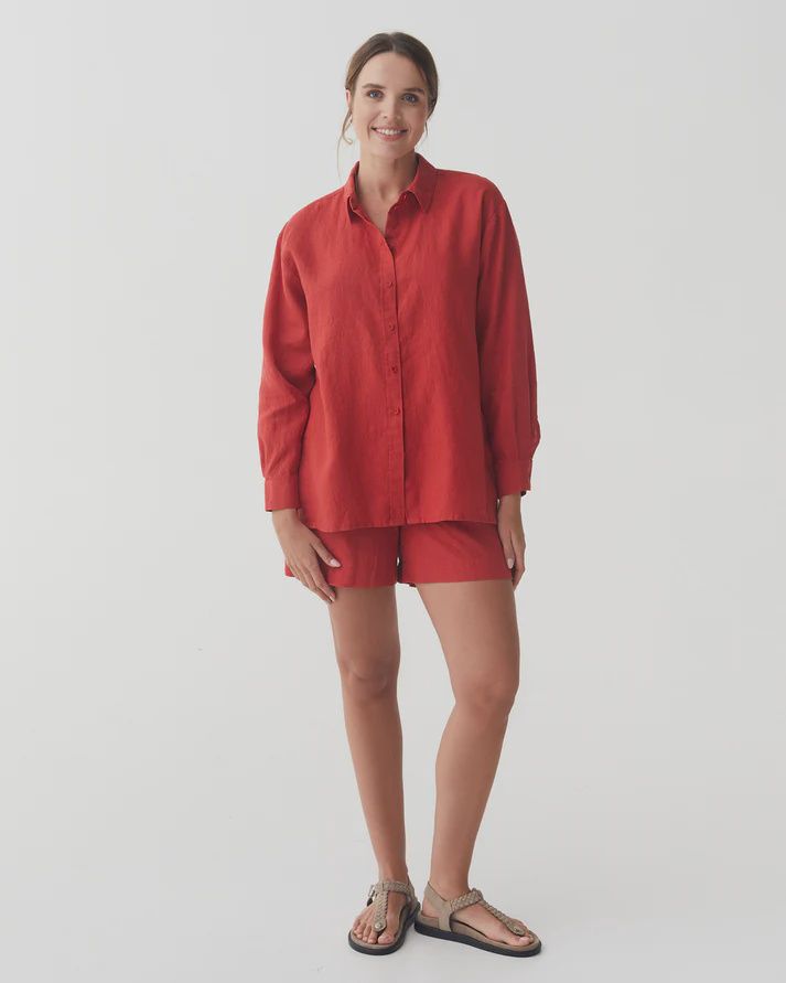 Long-Sleeve Linen Shirt Islay In Aurora Red