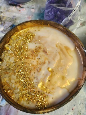 Golden crystal infused coconut bowl candle