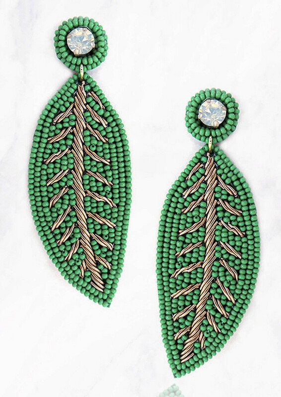 Large Beaded Green Leaf Earrings