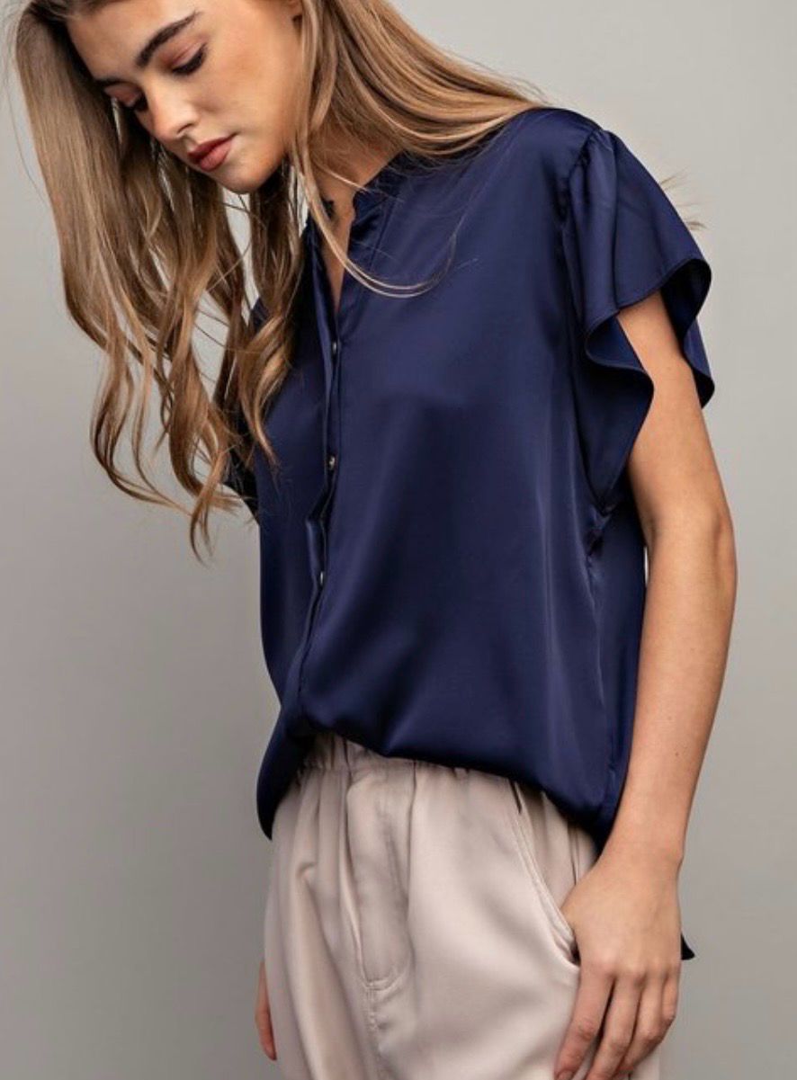 Navy Ruffle Sleeve Top