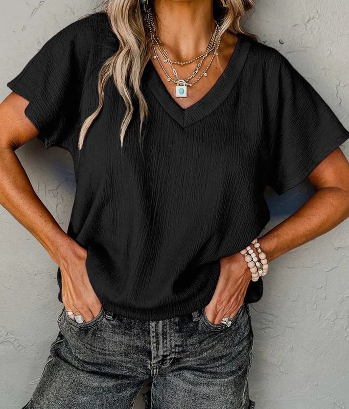 Crinkled Black V Neck Tee