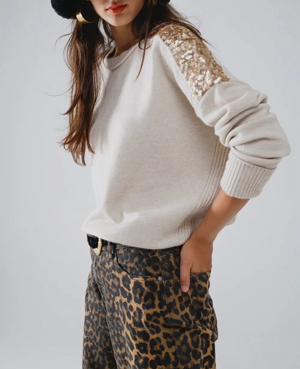 Beige Sequin Sweater Top