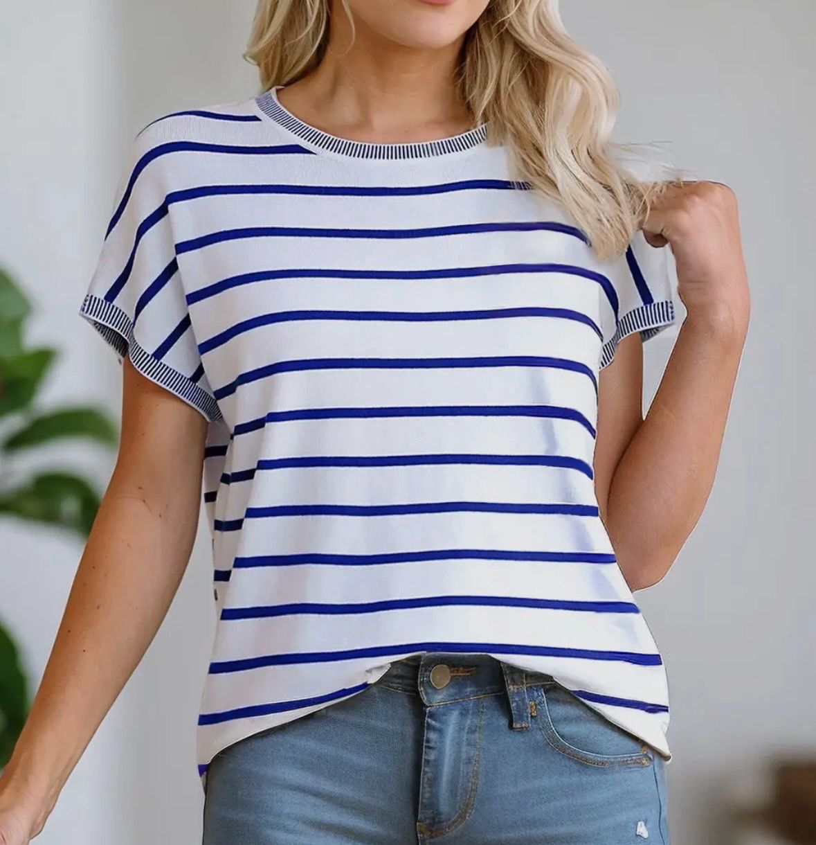 Blue and White Knit Top