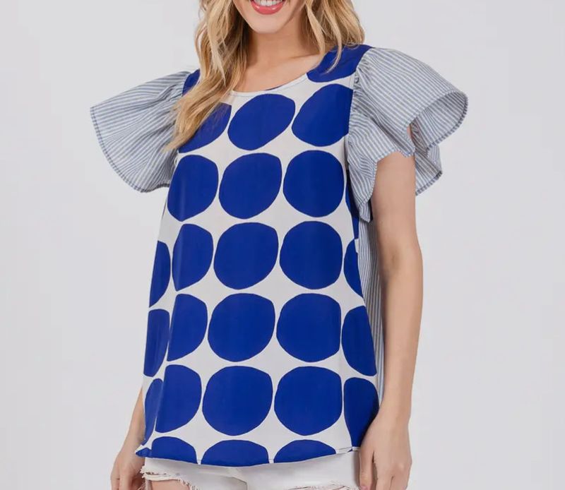 Blue Dot Ruffle Top