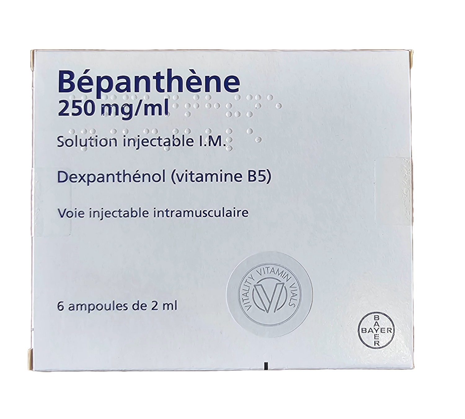 Bepanthene Bayer 2ml 500mg front of box from Vitality Vitamin Vials