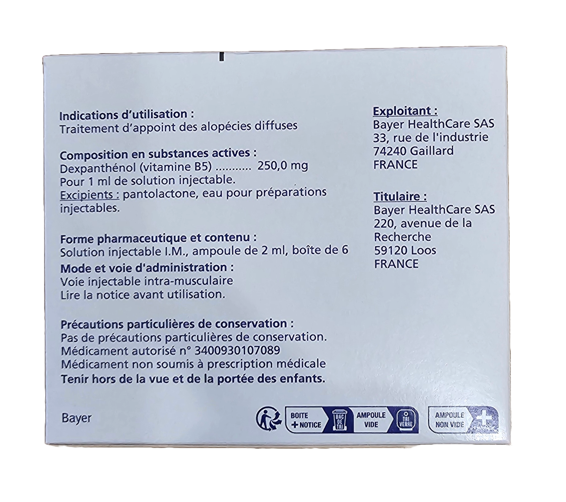 Bepanthene Bayer 2ml 500mg front of box from Vitality Vitamin Vials