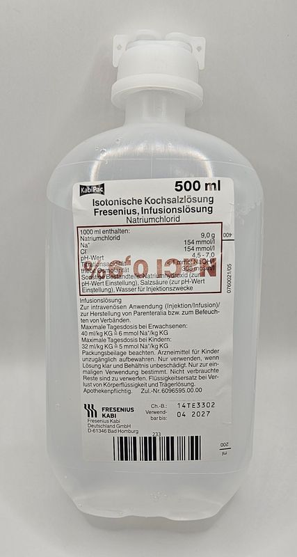 500ml Normal Saline Solution 0.9% NaCl IV drip bottle ready for use from Vitality Vitamin Vials