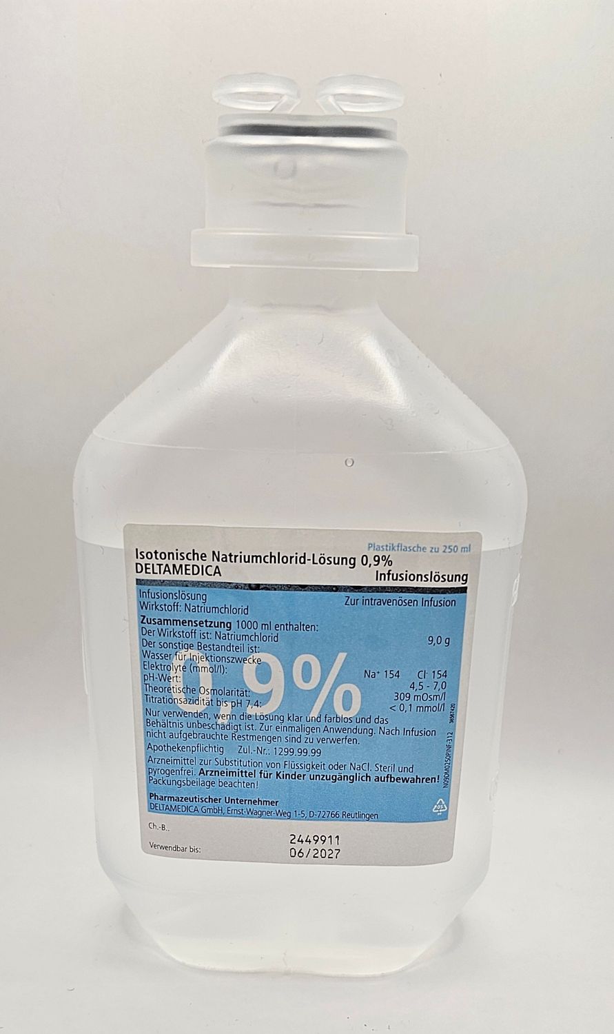 250ml Normal Saline Solution 0.9% NaCl IV drip bottle ready for use from Vitality Vitamin Vials
