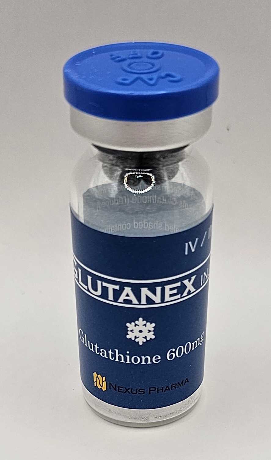 Two Glutathione 600mg vials in front of Glutanex box from Vitality Vitamin Vials