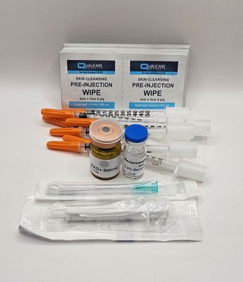 NAD+ 500mg vial, 3ml Bacteriostatic water vial and subcutaneous injection pack contents from Vitality Vitamin Vials