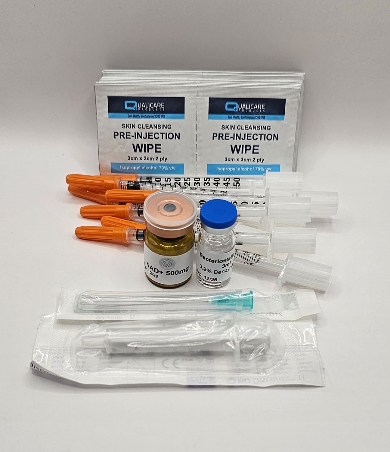 NAD+ 500mg vial, 3ml Bacteriostatic water vial and subcutaneous injection pack contents from Vitality Vitamin Vials