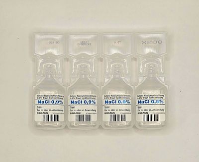 Four Sodium Chloride Solution 0.9% 5ml plastic ampoules from Vitality Vitamin Vials