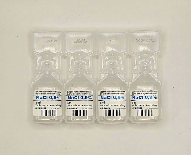 Four Sodium Chloride Solution 0.9% 5ml plastic ampoules from Vitality Vitamin Vials