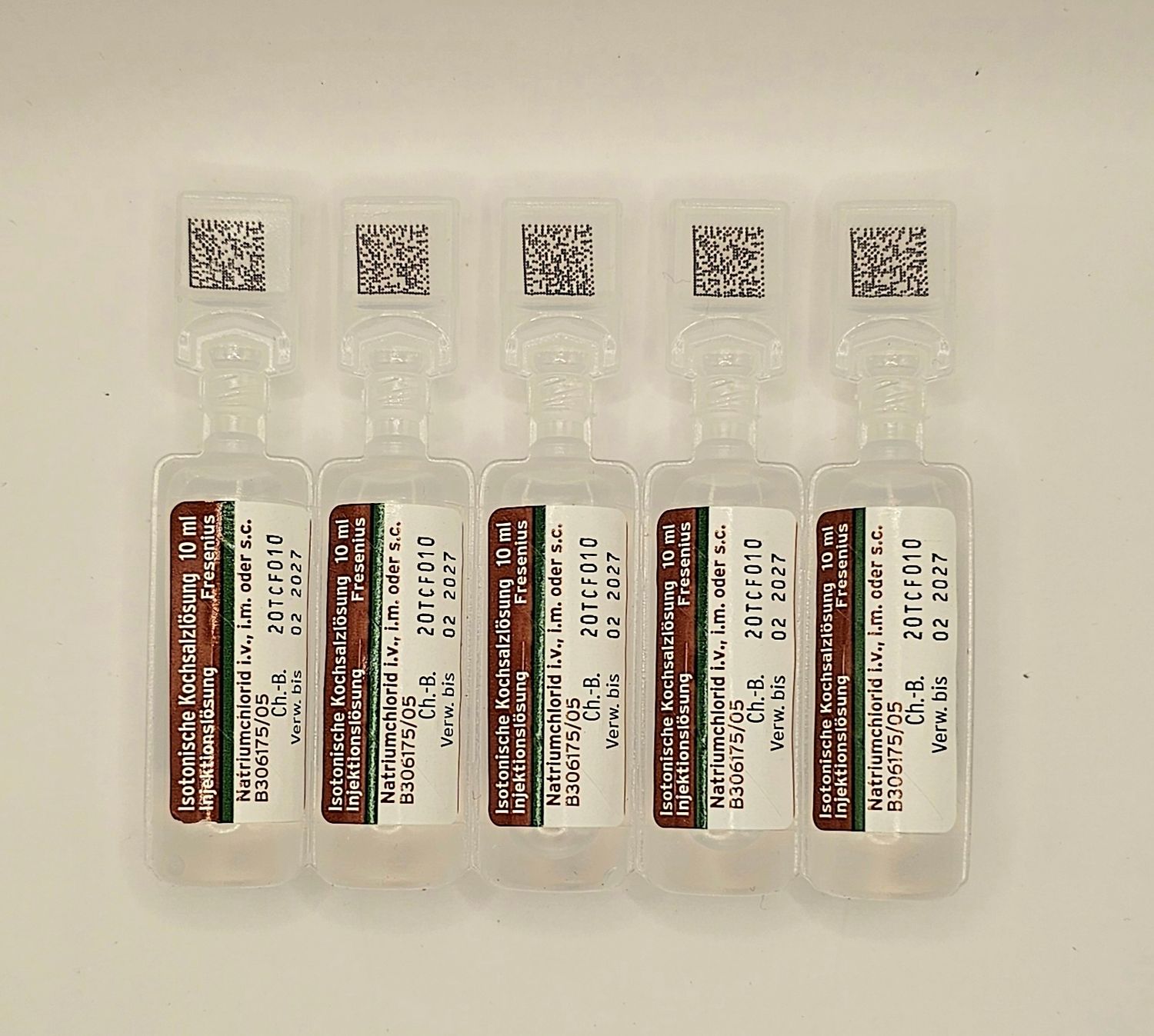 Five Sodium Chloride Solution 0.9% 10ml plastic ampoules from Vitality Vitamin Vials