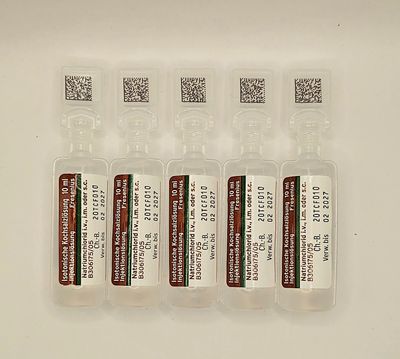 Five Sodium Chloride Solution 0.9% 10ml plastic ampoules from Vitality Vitamin Vials