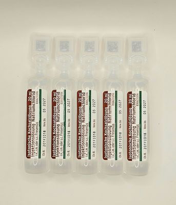 Five plastic 20ml ampoules of Normal Saline Solution 0.9% from Vitality Vitamin Vials