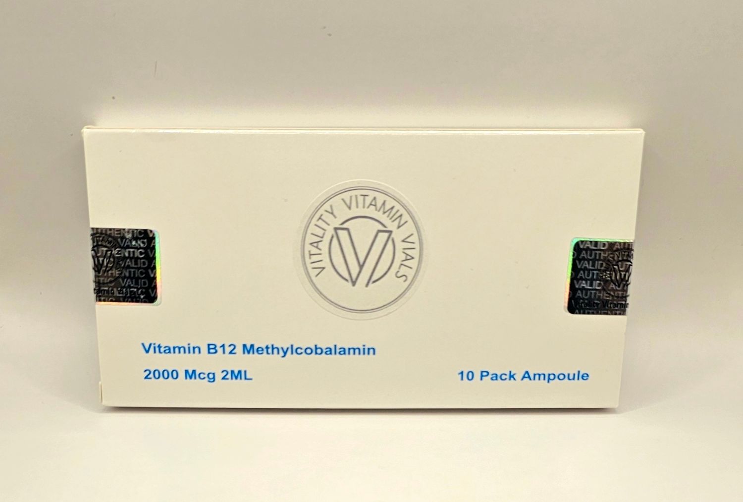 B12 Methylcobalamin 2000mcg 2ml single use ampoules front of box from Vitality Vitamin Vials