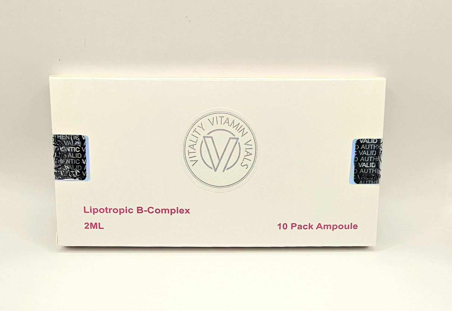 B Complex lipotropic 2ml single use 10 ampoules front of box from Vitality Vitamin Vials