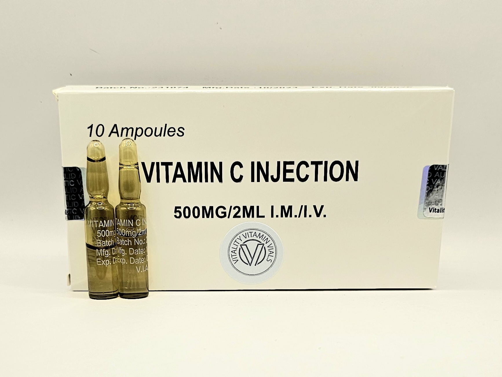 Vitamin C 500mg 2mls single use ampoules box from Vitality Vitamin Vials