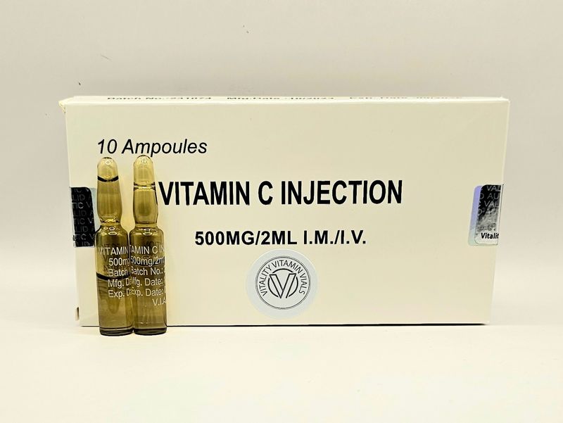 Vitamin C 2ml ampoules box and two ampoules from Vitality Vitamin Vials