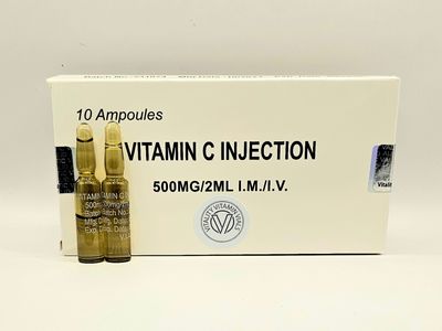Vitamin C 2ml ampoules box and two ampoules from Vitality Vitamin Vials