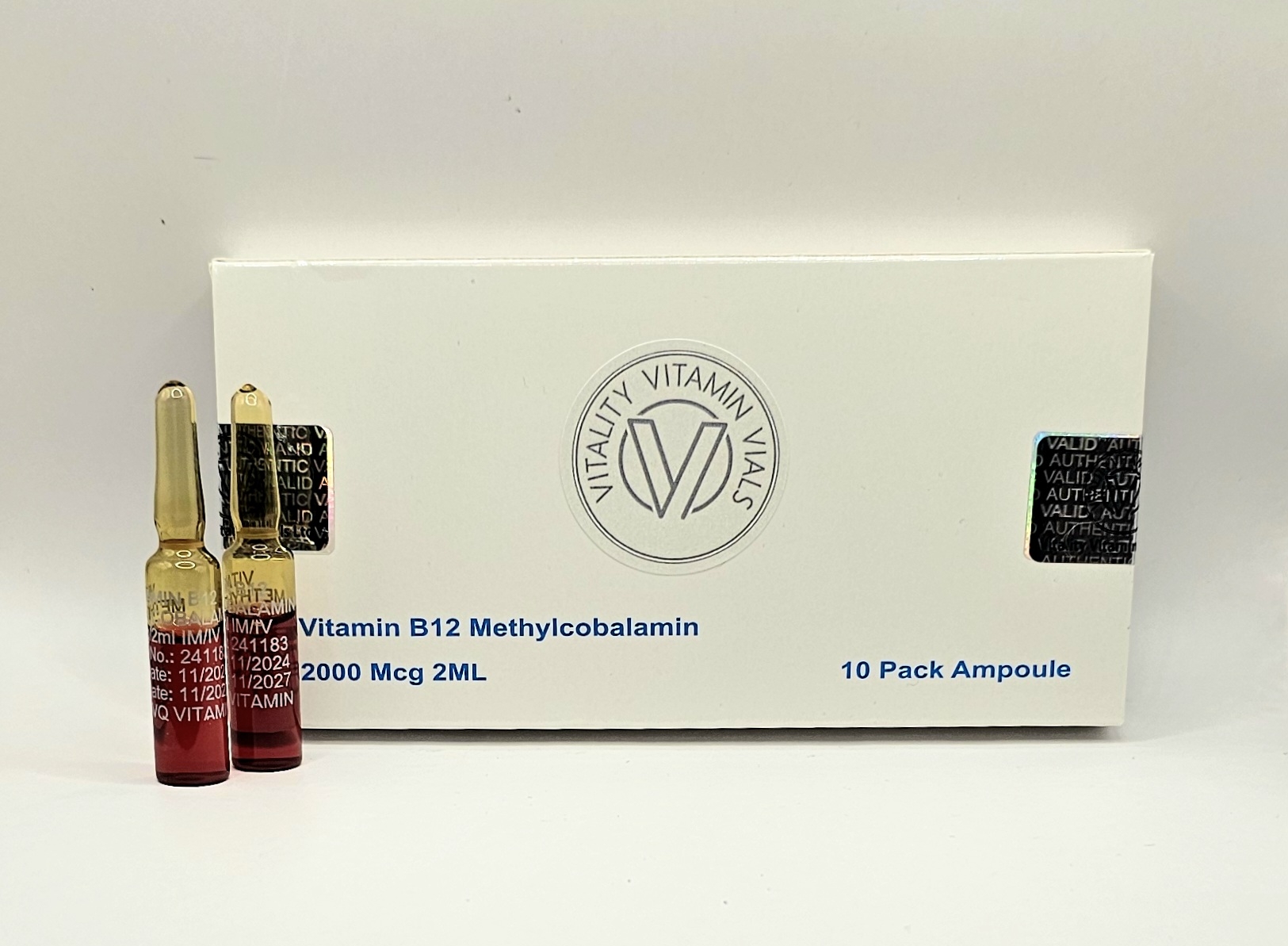 B12 Methylcobalamin 2000mcg 2ml single use ampoules front of box from Vitality Vitamin Vials