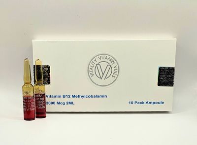 B12 Methylcobalamin 2000mcg 2ml single use ampoules box and two ampoules from Vitality Vitamin Vials
