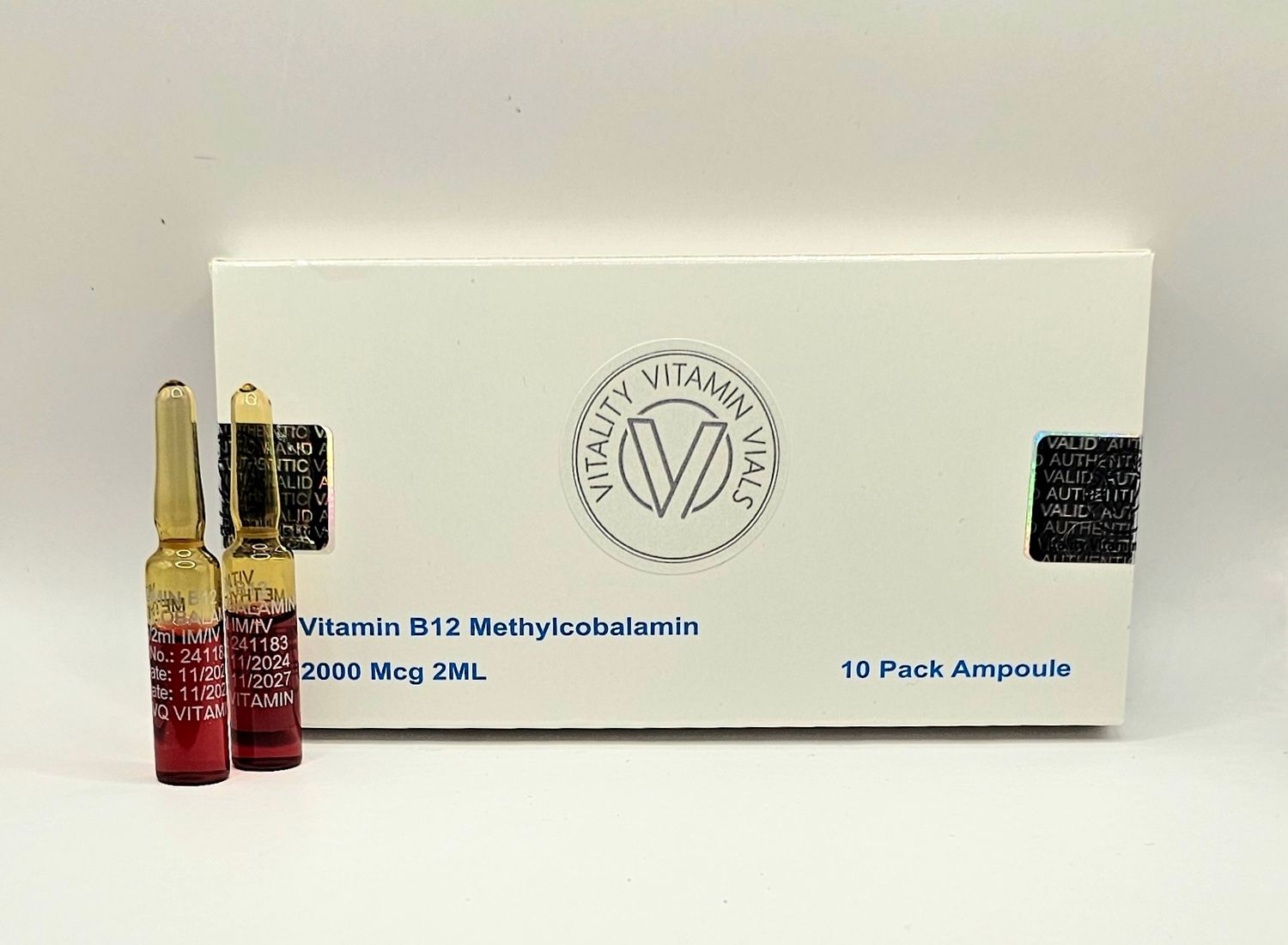 B12 Methylcobalamin 2000mcg 2ml single use ampoules box and two ampoules from Vitality Vitamin Vials