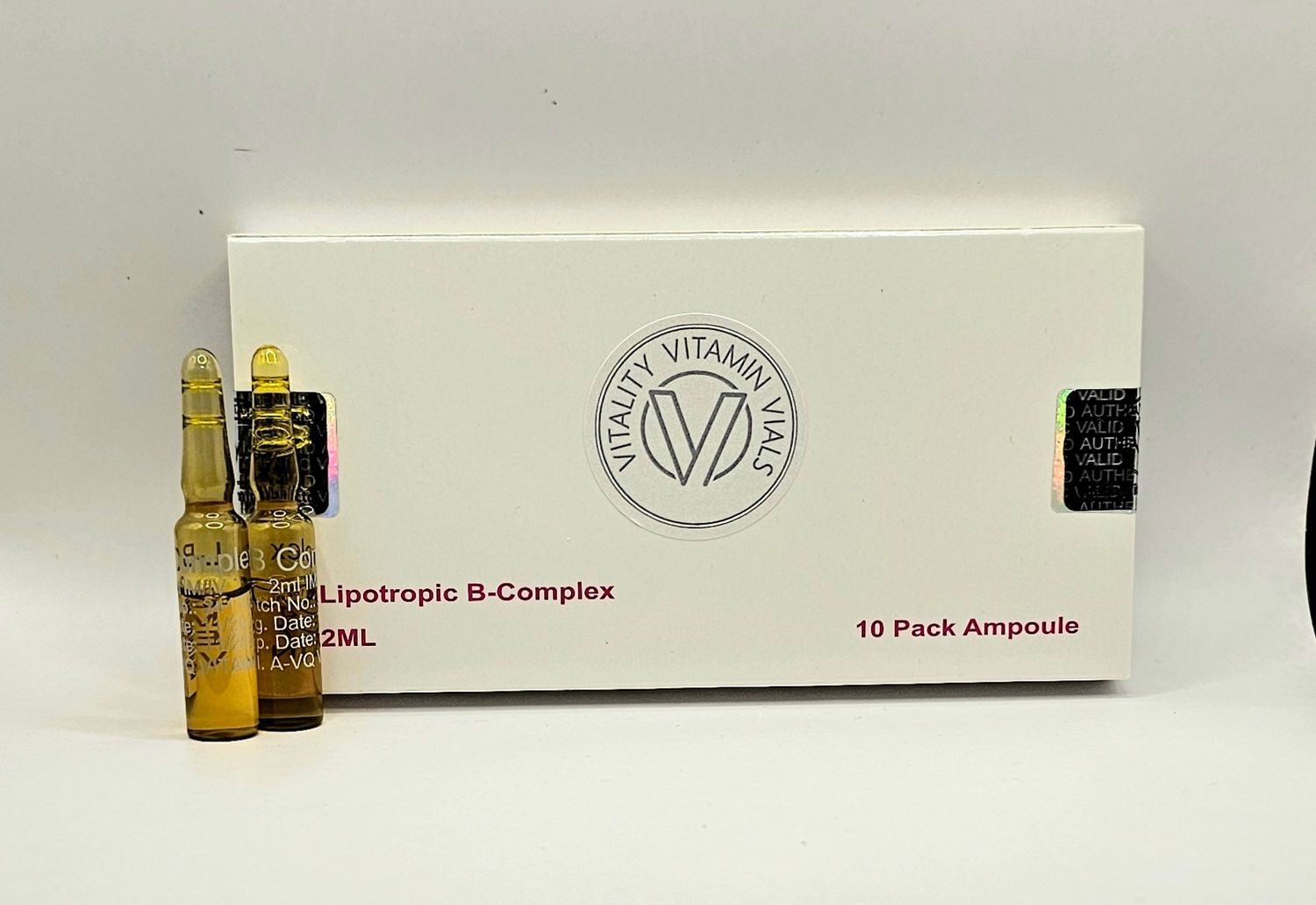 B Complex lipotropic 2ml single use 10 ampoules box and two ampoules from Vitality Vitamin Vials
