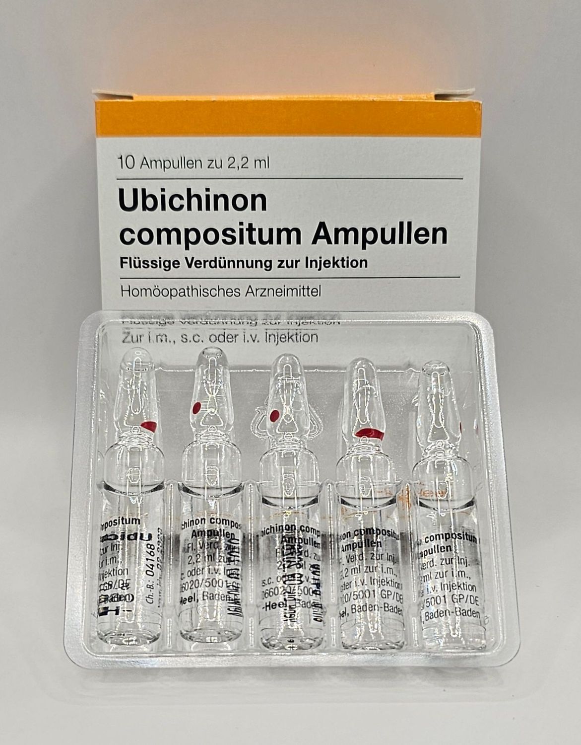 Coenzyme Q10 CoQ10 ubiquinone front box and five ampoules from Vitality Vitamin Vials