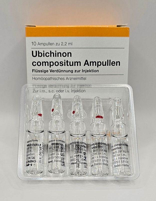 Coenzyme Q10 CoQ10 ubiquinone front box and five ampoules from Vitality Vitamin Vials