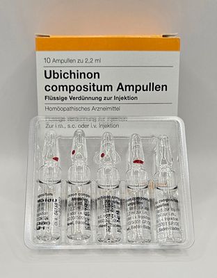 Coenzyme Q10 CoQ10 ubiquinone front box and five ampoules from Vitality Vitamin Vials