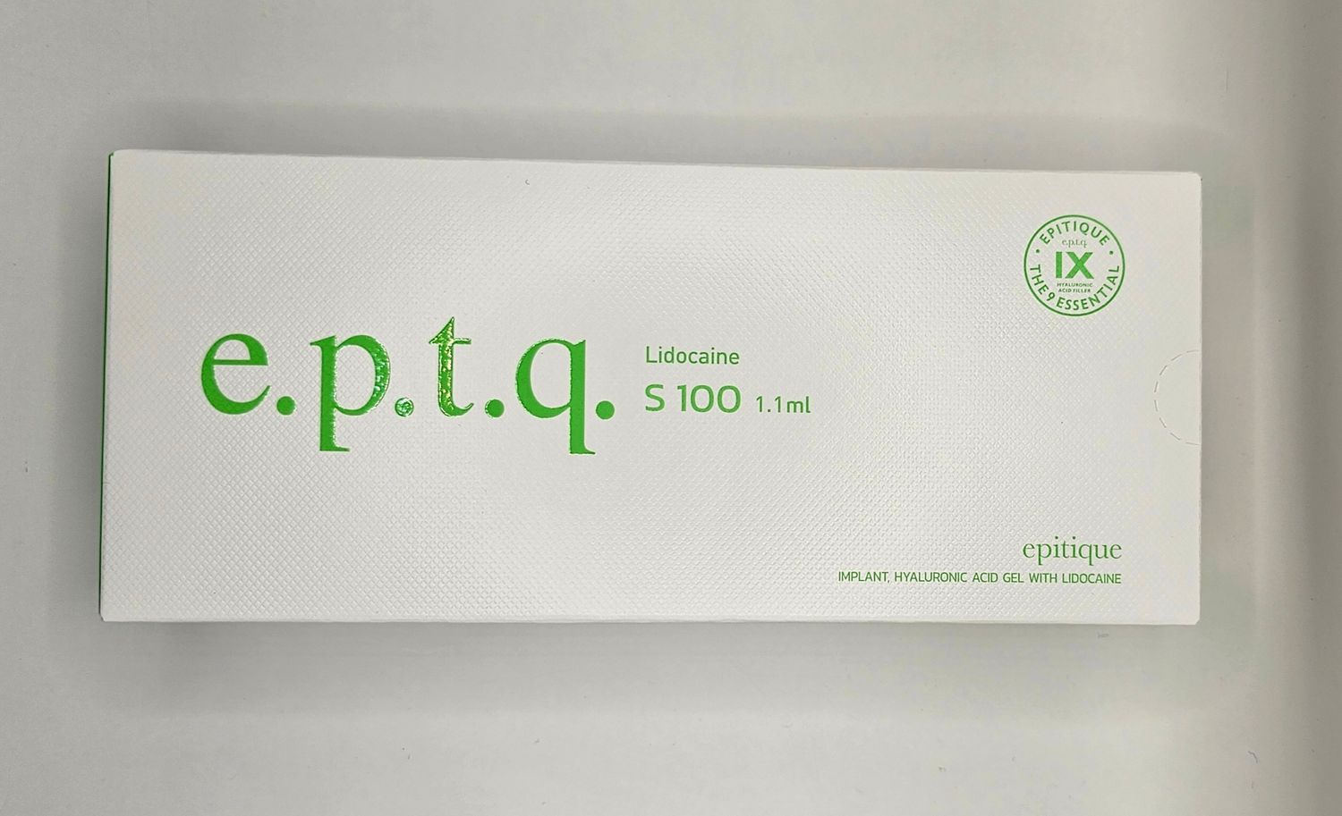 Front of EPTQ S100 dermal filler box from Vitality Vitamin Vials