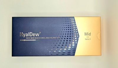 Hyaldew Mid - 1× 1ml Syringe with Lidocaine Front of HyalDew Mid dermal filler box from Vitality Vitamin Vials