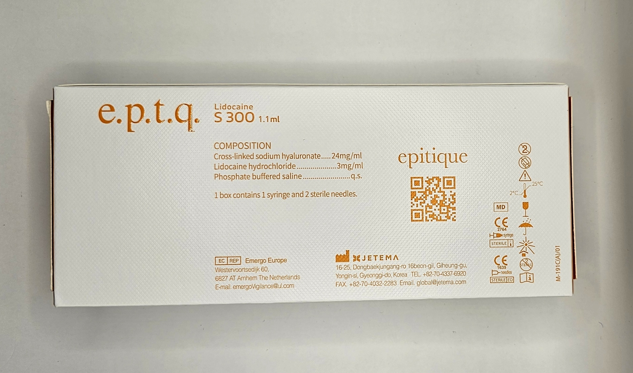 Front of EPTQ S300 dermal filler box from Vitality Vitamin Vials