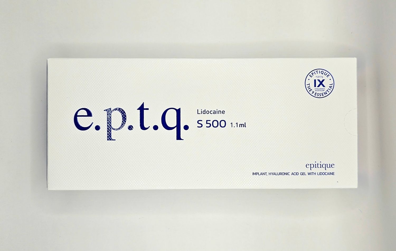 Front of EPTQ S500 dermal filler box from Vitality Vitamin Vials