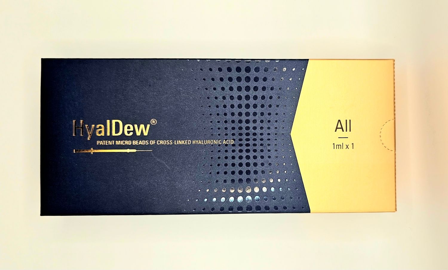 Front of HyalDew All dermal filler box from Vitality Vitamin Vials