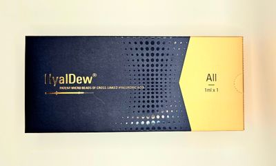 Front of HyalDew All dermal filler box from Vitality Vitamin Vials